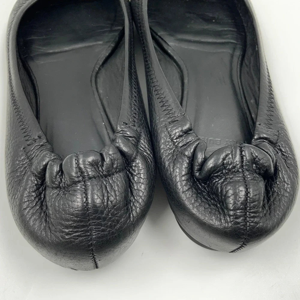 Tory Burch Minnie Travel Ballet Flats Black Leather Logo Medallion Size 8.5
